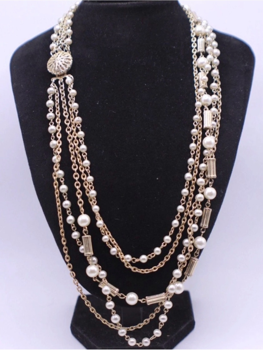 Vintage Multi-Strand Gold tone and Faux Pearl Necklace 20-24”